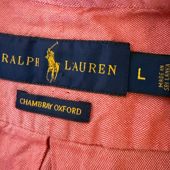 Ralph Lauren Long Sleeve Button Down Chambray Oxford Red Flesh Colored Pony Sz L - Picture 2 of 9